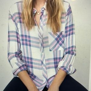 EUC Rails Women's Plaid Button Up Shirt S Hunter White Sky Pink Long Sleeves